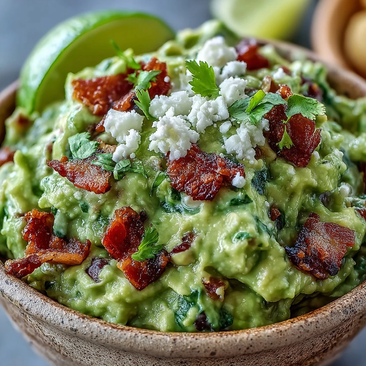 A close-up of Bacon Guacamole with Cotija cheese, bacon bits, red onion, and cilantro in a rustic bowl.
