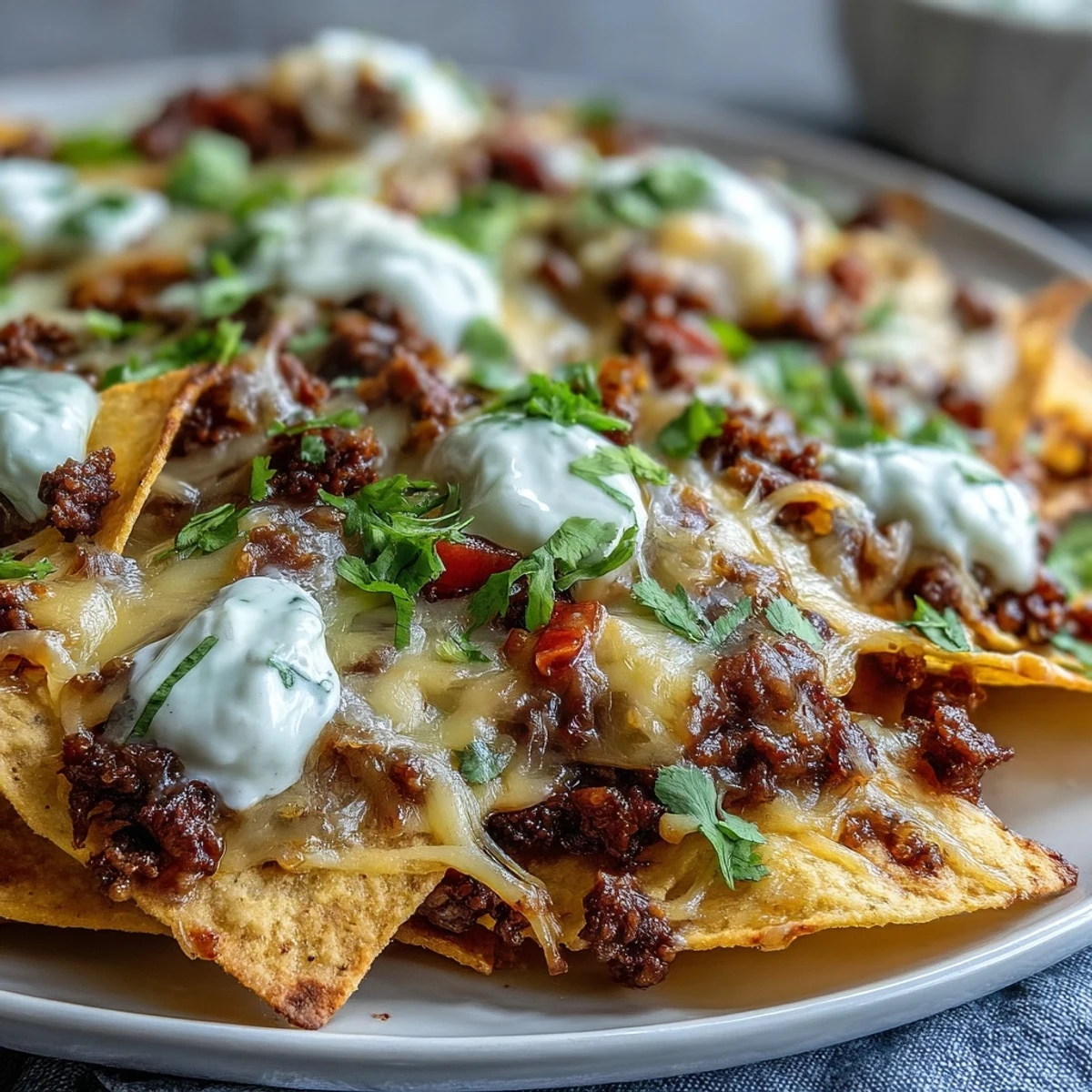 Oven-baked BBQ Beef Nachos topped with diced tomatoes, red onion, and creamy avocado.