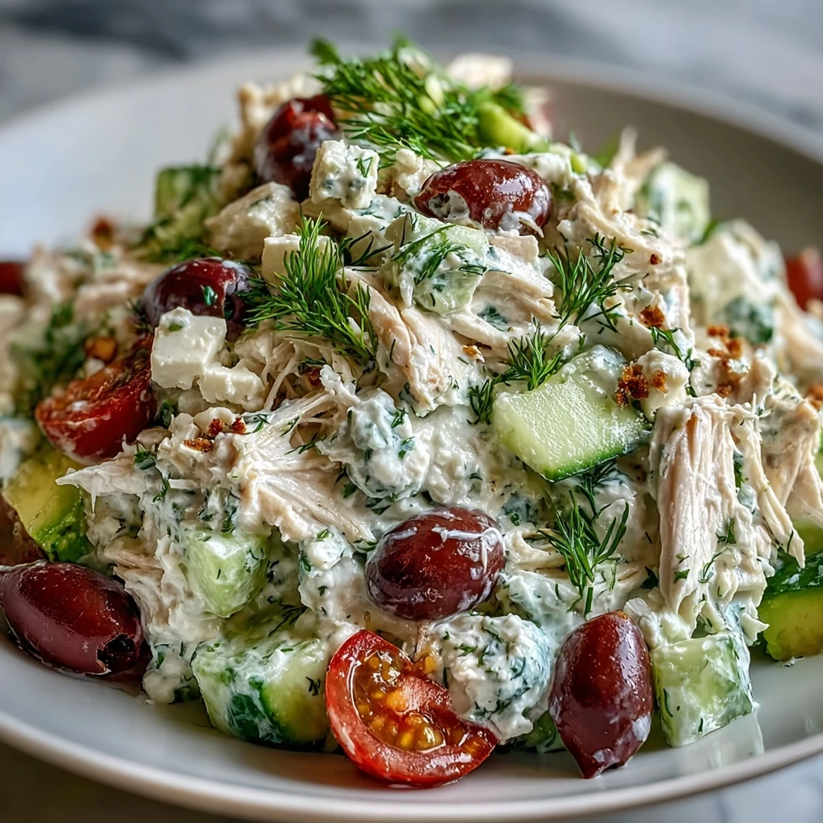 Freshly shredded rotisserie chicken tossed in creamy homemade tzatziki sauce with diced cucumber and red onion.