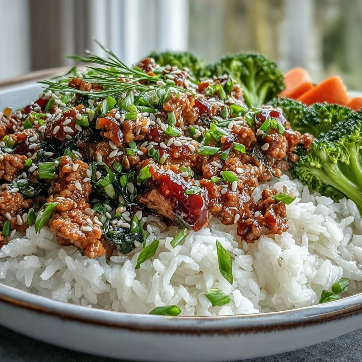 A close-up of Korean-Style Ground Turkey with saucy, glossy meat flecked with toasted sesame seeds and fresh chives, served over a bed of fluffy white rice with broccoli florets.  