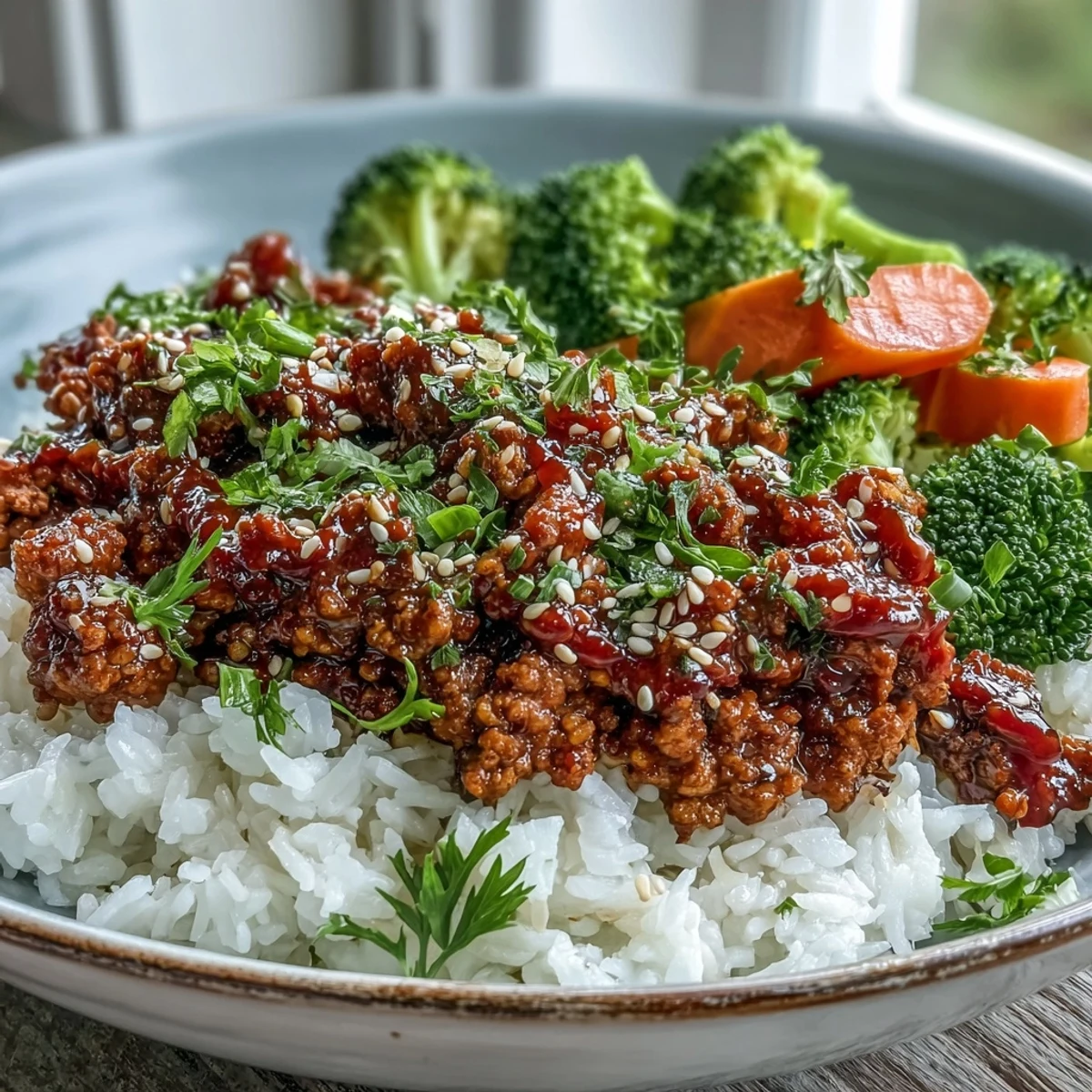 A vibrant bowl of Korean-Style Ground Turkey served over brown rice, garnished with chopped chives and sesame seeds, alongside colorful steamed carrots and spinach.