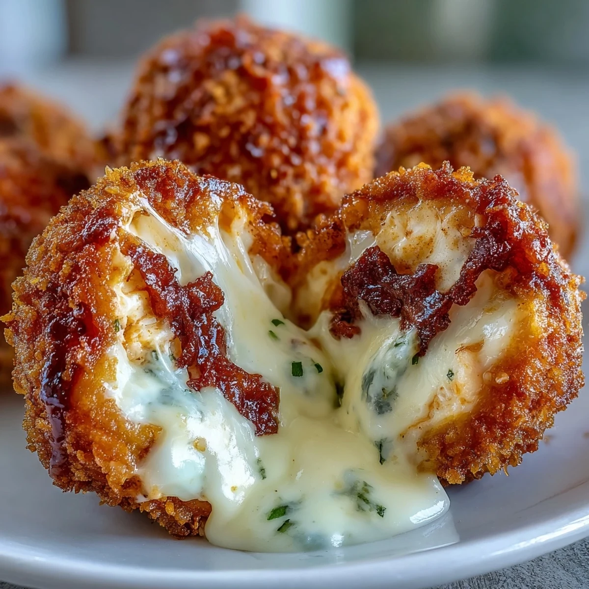 Golden-brown, crispy panko-coated Buffalo Chicken Bacon Mozzarella Bombs with gooey cheese pulling away.