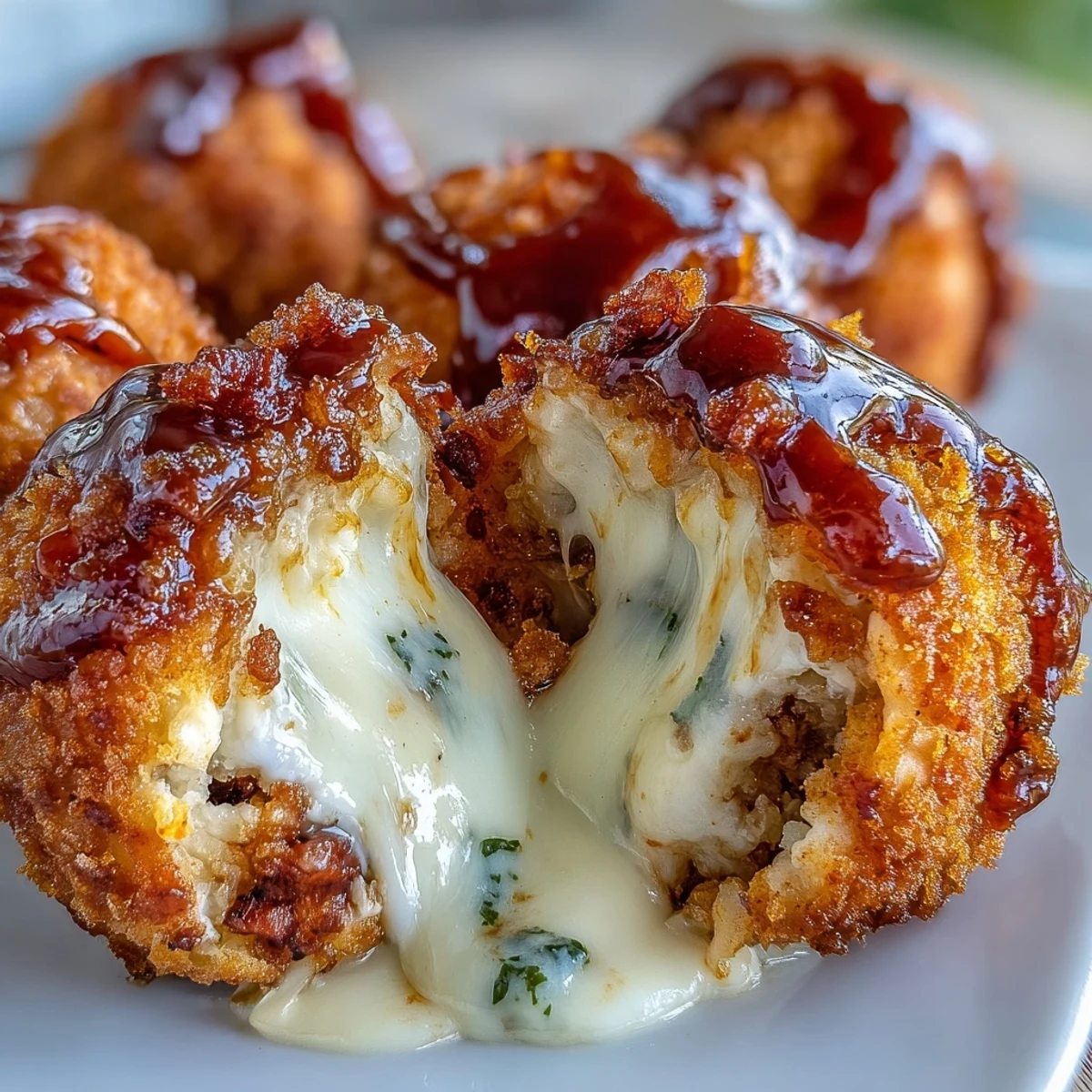Buffalo Chicken Bacon Mozzarella Bombs on a platter, garnished with bacon and drizzled with sauce.
