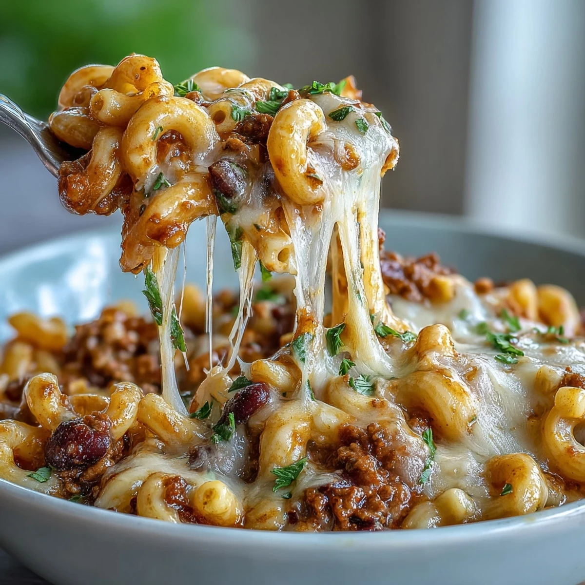 A comforting One-Pan High Protein Chili Mac served with crunchy tortilla chips and fresh cilantro on the side.