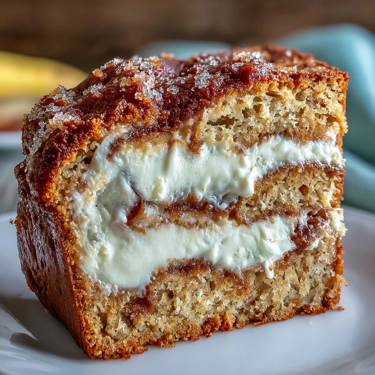 Golden brown Cream Cheese Cinnamon Swirl Banana Bread loaf cut to reveal creamy filling and aromatic cinnamon swirls.