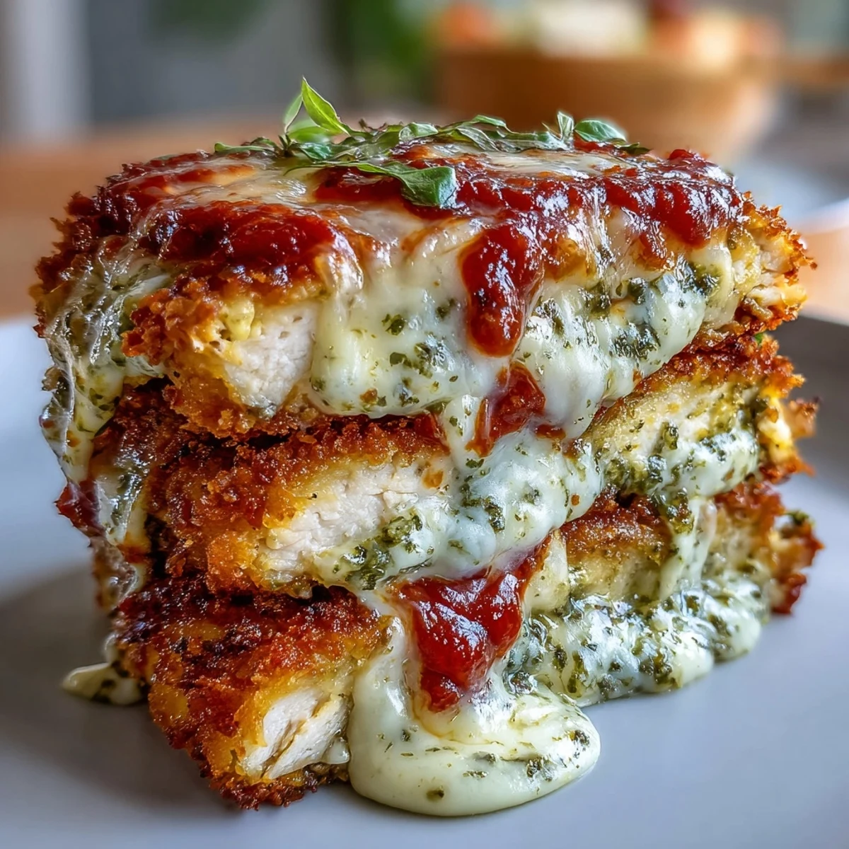 Sliced Pesto Chicken Parmesan reveals juicy meat layered with vibrant green pesto and rich red marinara.