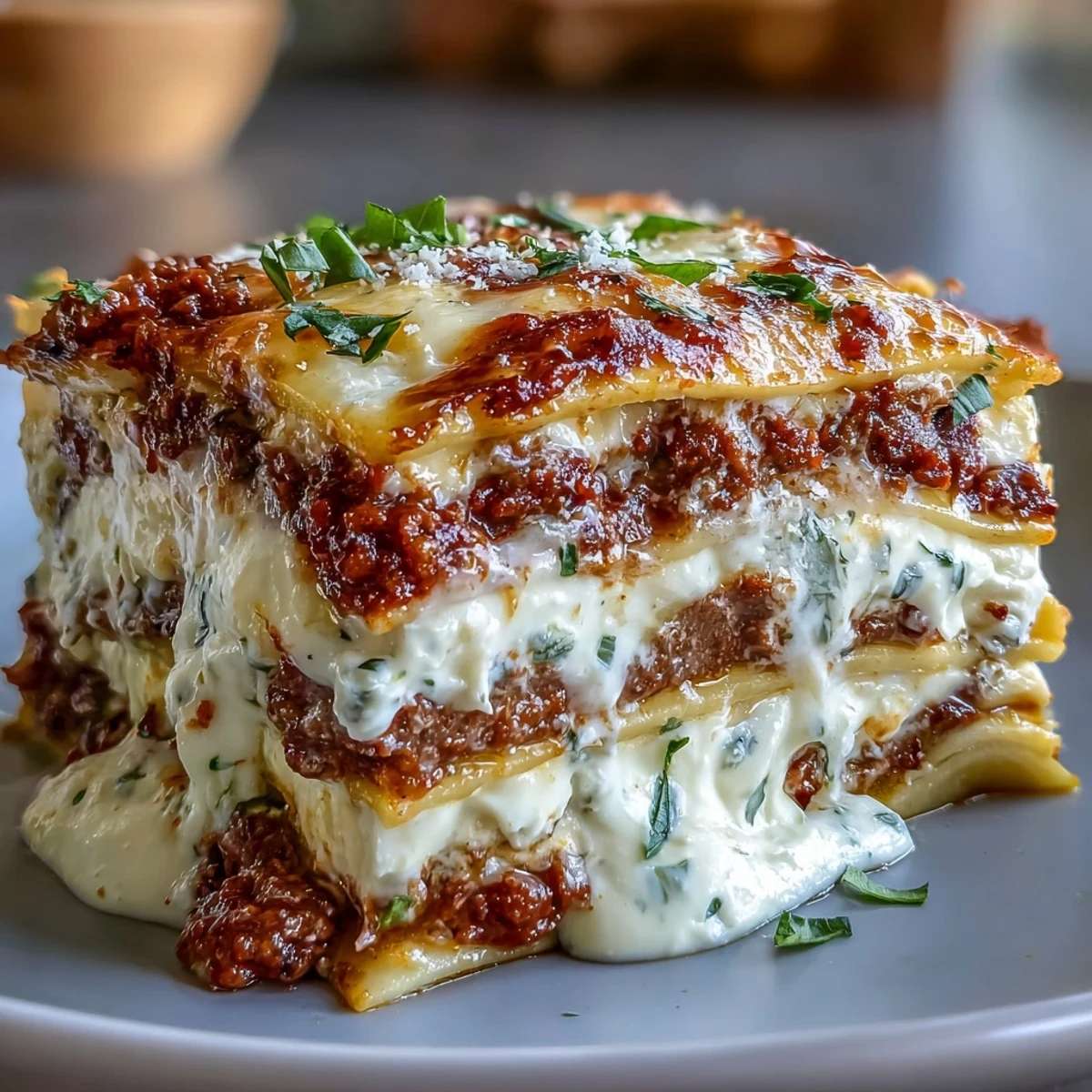A freshly baked World's Best Lasagna slice reveals tender noodles and savory Italian sausage between molten mozzarella layers.