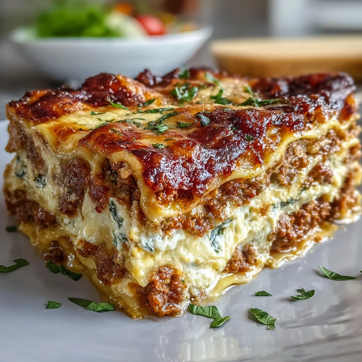 Serving the World's Best Lasagna with fresh basil garnish, steam rises from the cheesy, golden-brown baked casserole.