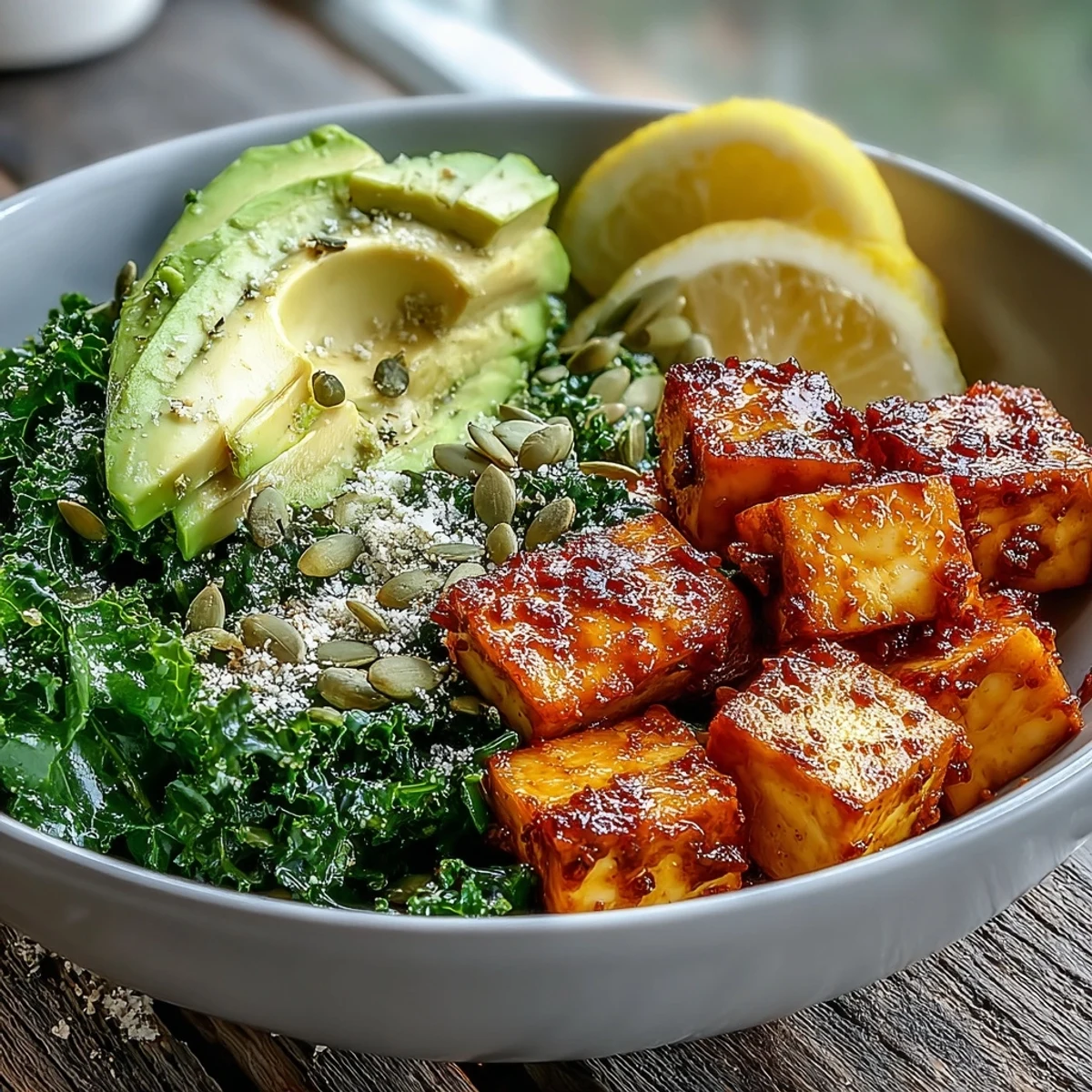 Close-up of a Tofu Breakfast Bowl with sautéed kale, spice-dusted tofu, and fresh avocado, served with lemon wedges for brightness.