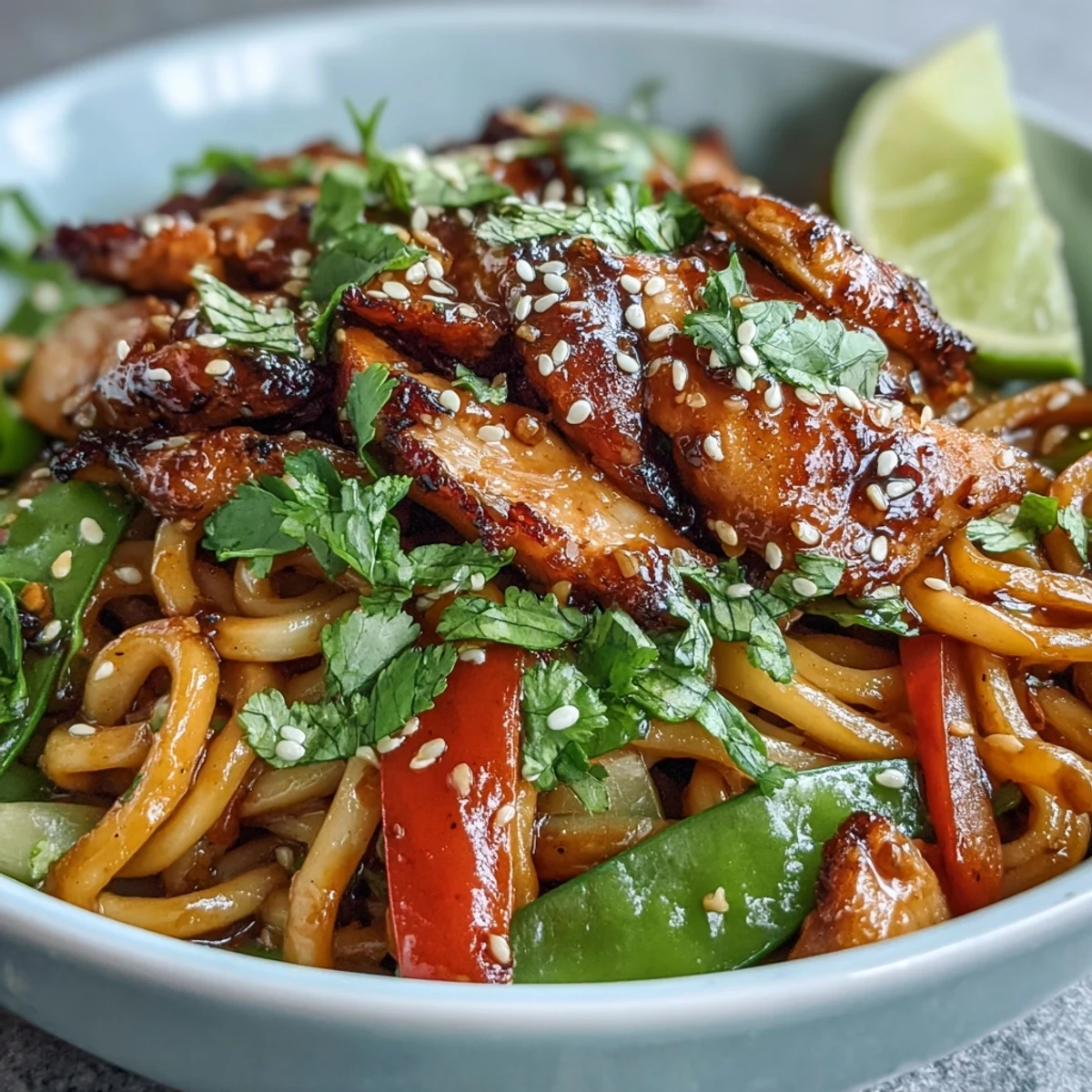 Sesame Chicken Noodle Bowl with tender chicken, crisp veggies, and a glossy sesame sauce in a bowl.