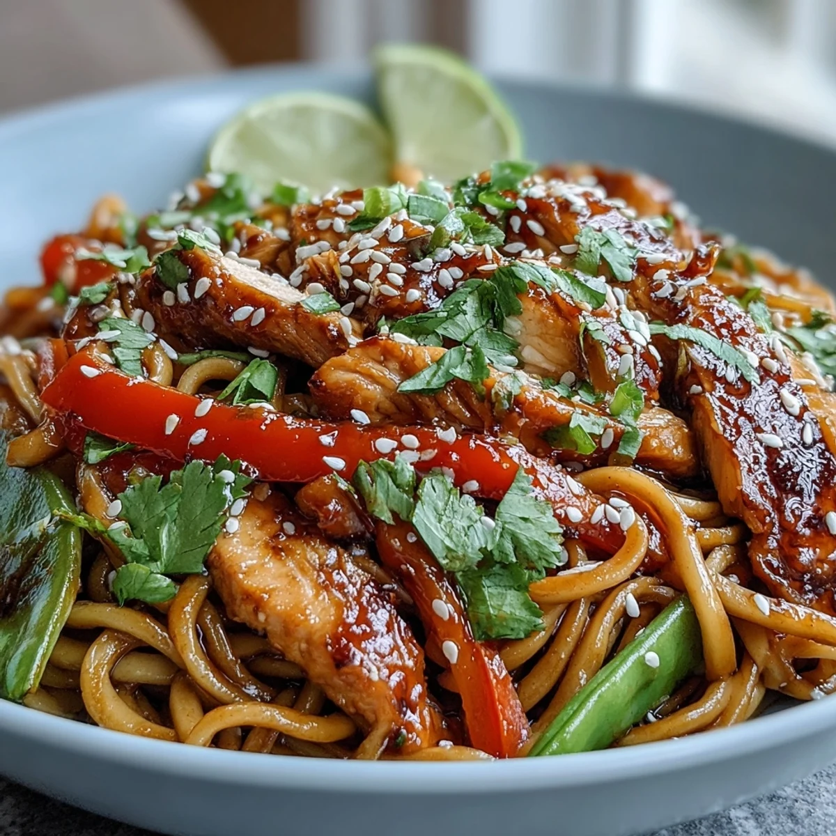 A close-up of a Sesame Chicken Noodle Bowl, garnished with sesame seeds and fresh cilantro.