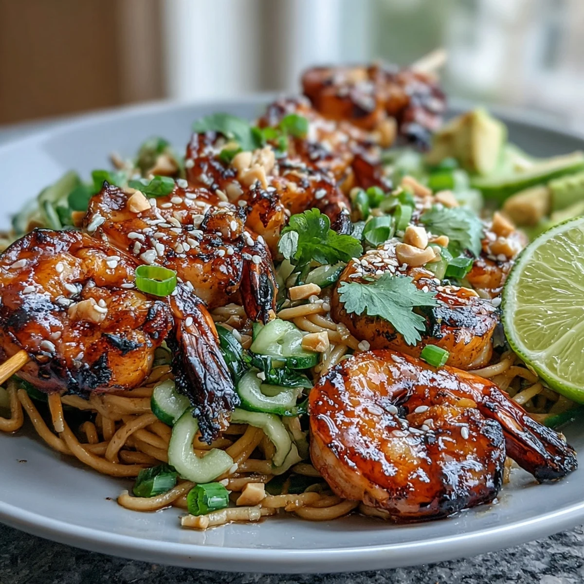 Smoky grilled shrimp on sesame egg noodles, topped with cucumber, avocado, sprouts, and peanuts.