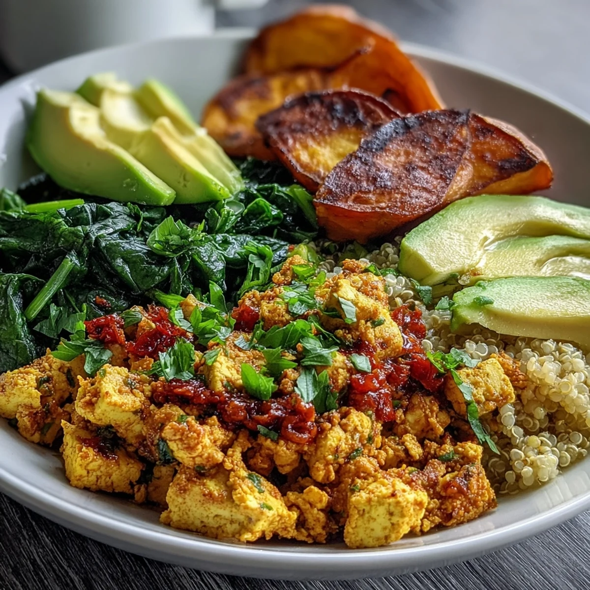 Golden roasted sweet potatoes and fluffy quinoa support a warm, turmeric-scented Tofu Scramble Vegan Breakfast Bowl topped with creamy avocado slices.