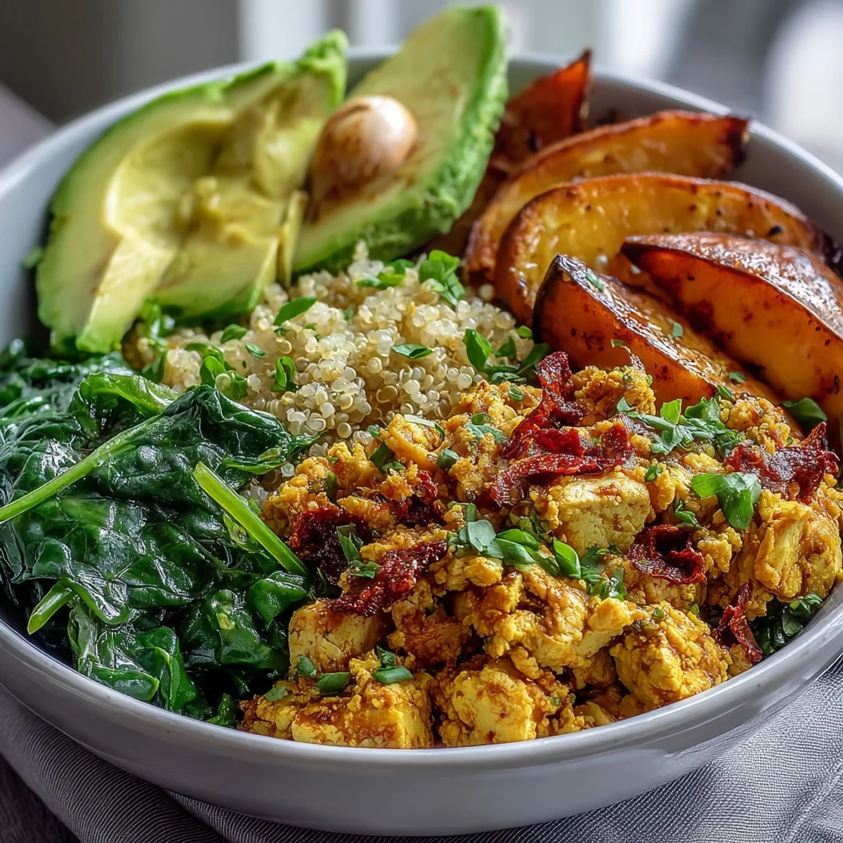 Hearty Tofu Scramble Vegan Breakfast Bowl with fluffy quinoa, golden roasted sweet potatoes, and wilted spinach, garnished with fresh green onions.