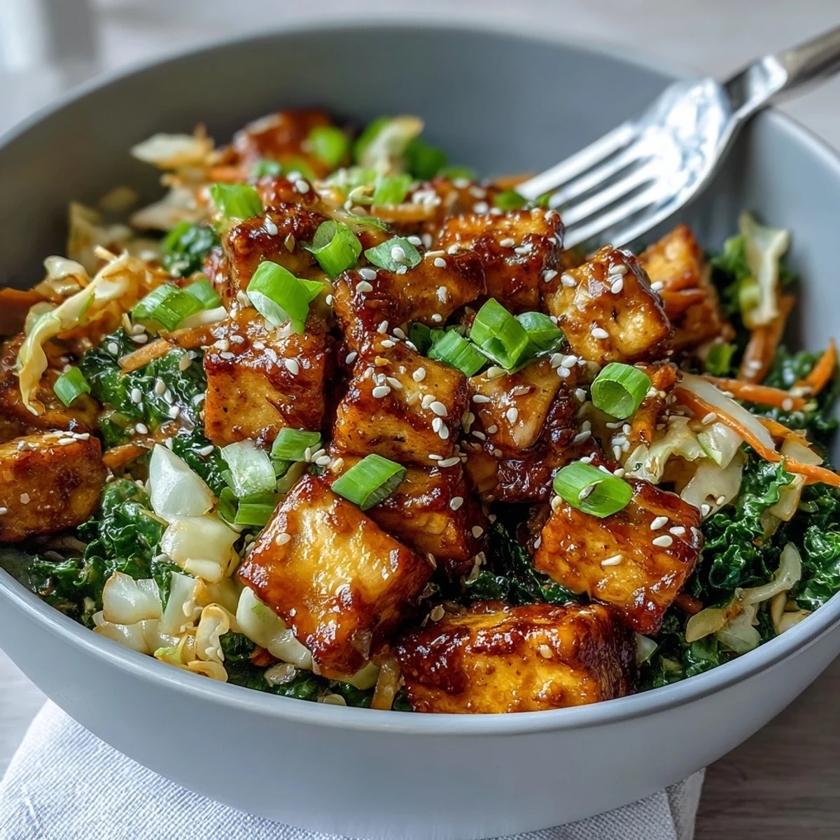 A close-up of the Tofu Egg Roll in a Bowl, garnished with sesame seeds and fresh green onions, served in a ceramic bowl.