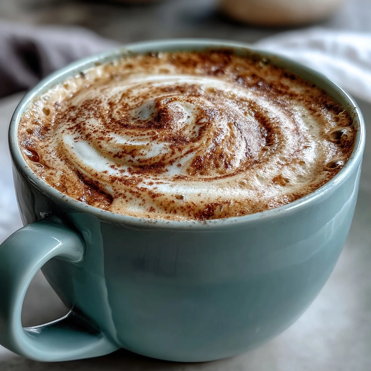 A cozy cup of hojicha cappuccino, its amber-brown hue complemented by a rustic wood table and a small honey dipper.