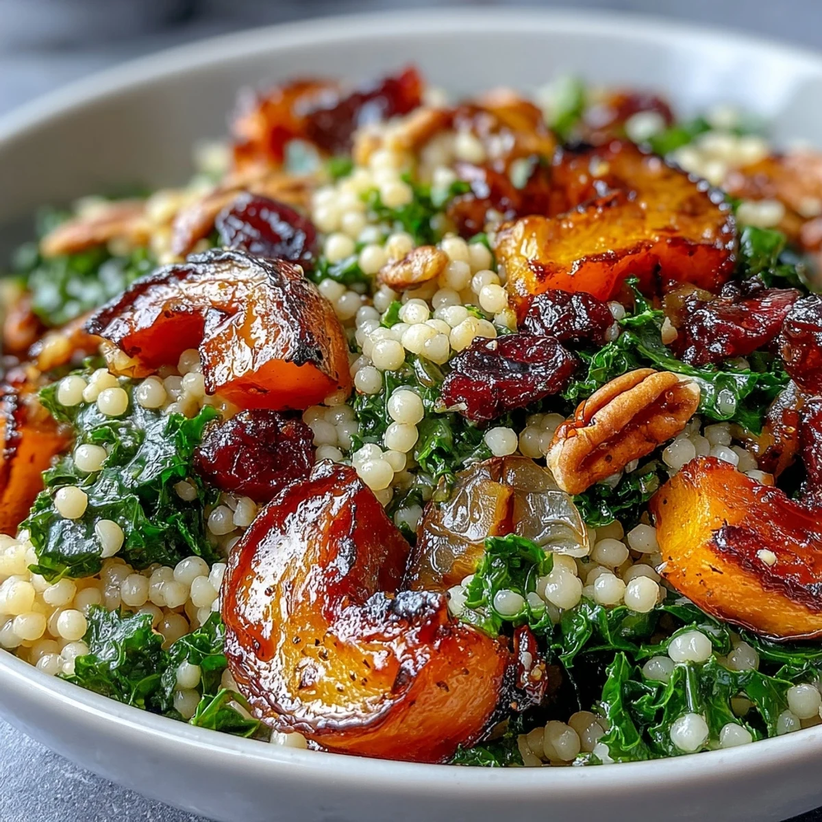Autumn-inspired Honey Autumn Pearl Couscous Salad features crunchy pecans, sweet dried cranberries, and thinly sliced red onion in a honey-citrus vinaigrette.