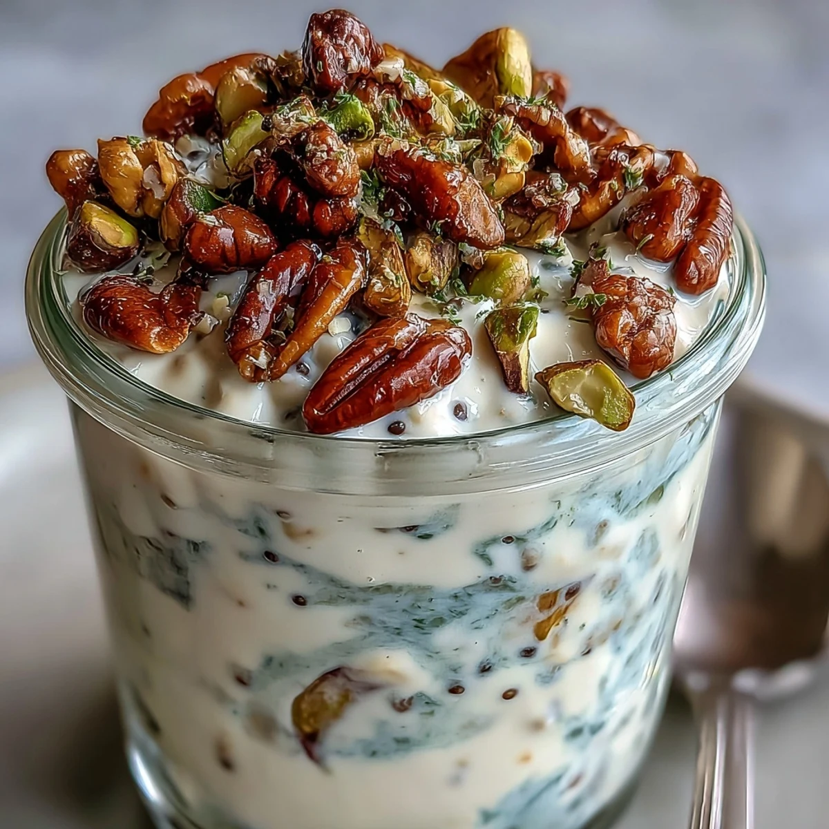 Creamy pistachio overnight oats topped with chopped nuts and fresh berries in a jar.