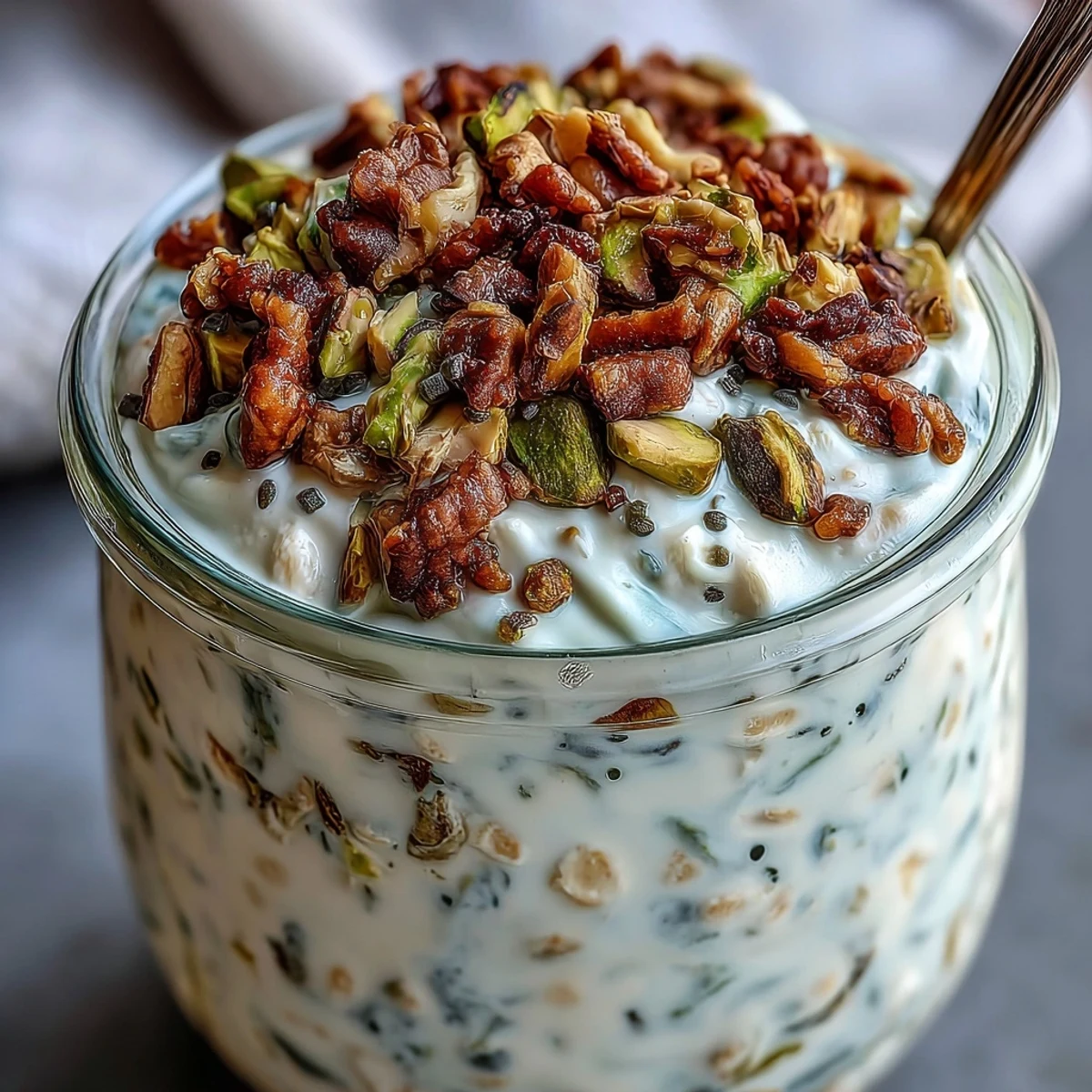Thickened chia seeds and Greek yogurt make these protein-packed pistachio overnight oats extra hearty.