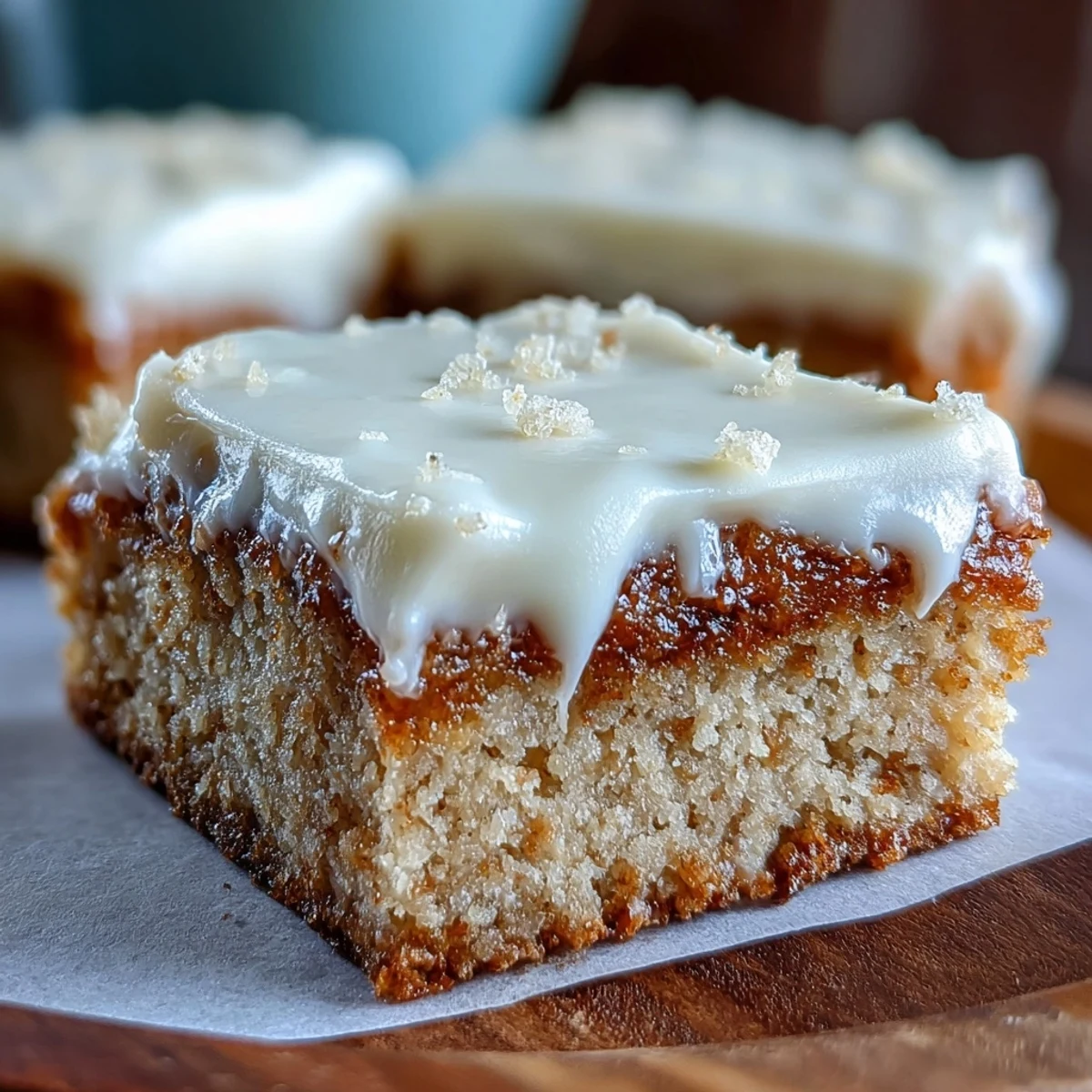 Freshly baked Almond Flour Sugar Cookie Bars with golden edges sit on a cooling rack, showcasing their chewy texture.