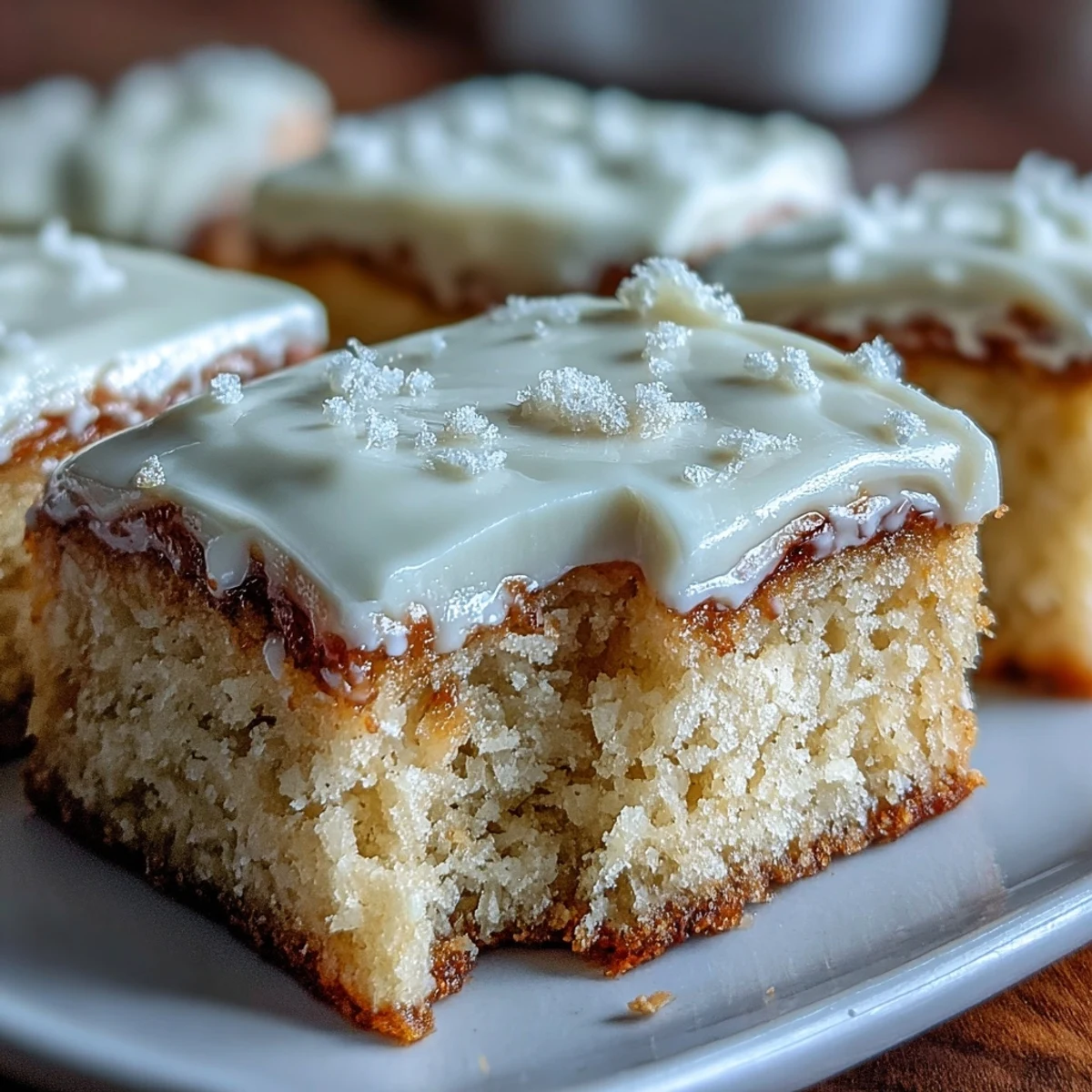 Gluten-free Almond Flour Sugar Cookie Bars are arranged on a white plate, ready to serve with a glass of milk.