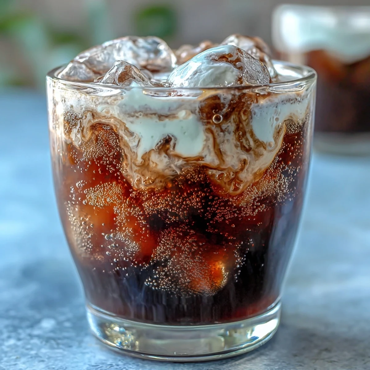A tall glass of Midnight Malibu Dirty Soda filled with ice, layered with dark syrup and creamy coconut topping.