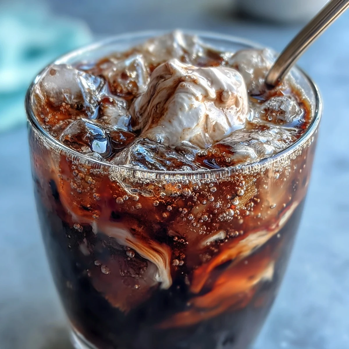 A straw sits beside Midnight Malibu Dirty Soda, garnished with fresh blackberries and a mint sprig on top.