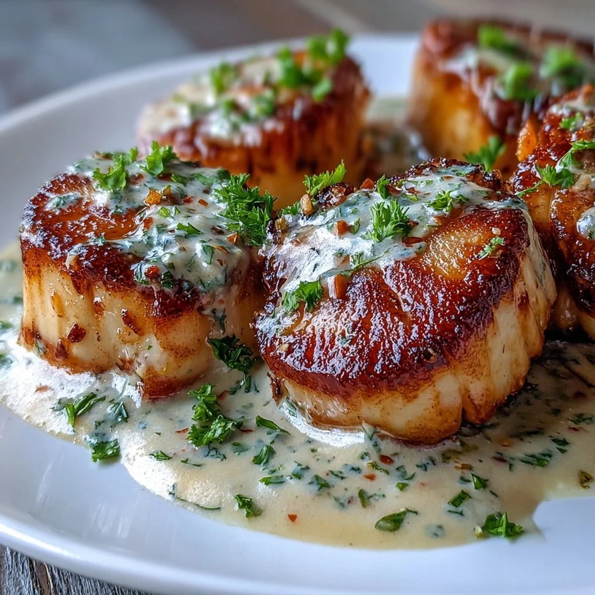 Golden-brown seared scallops topped with spicy Cajun cream sauce, garnished with fresh parsley and ready to serve.