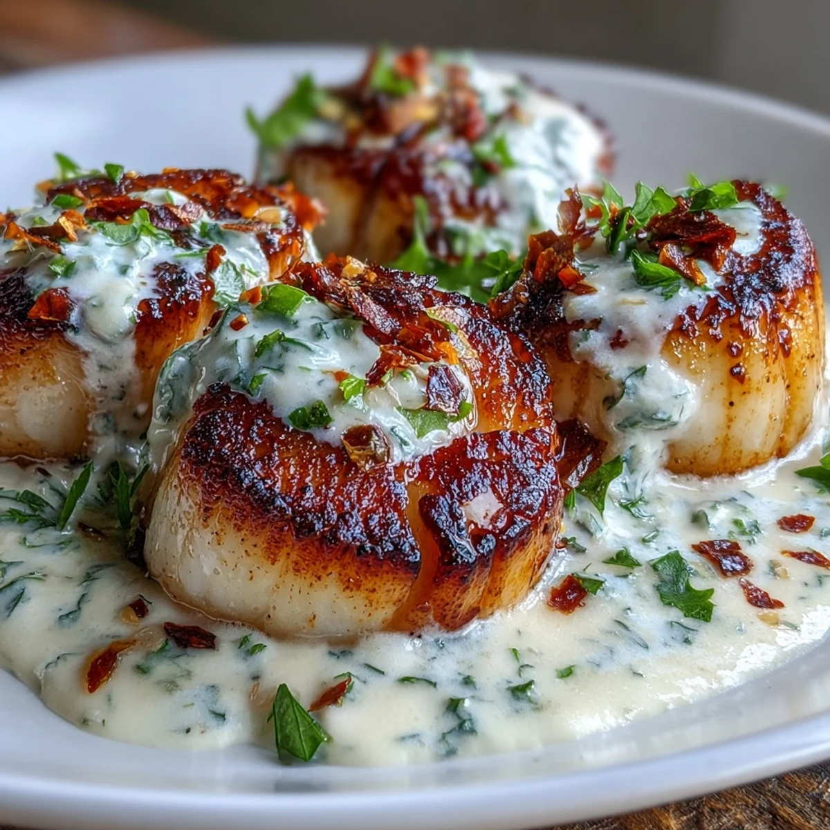 Perfectly cooked scallops with a rich, creamy Cajun sauce, paired with greens for a restaurant-quality meal.