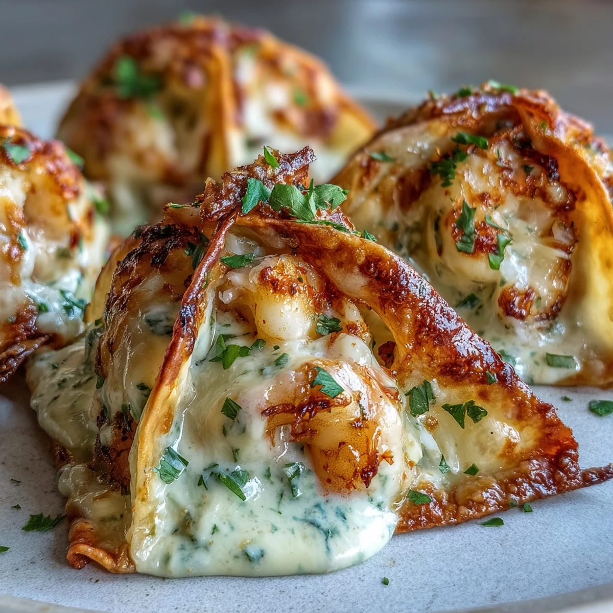 Golden-baked Cheesy Seafood Tortilla Bombs rest in a white dish, smothered in creamy garlic sauce and fresh parsley garnish.