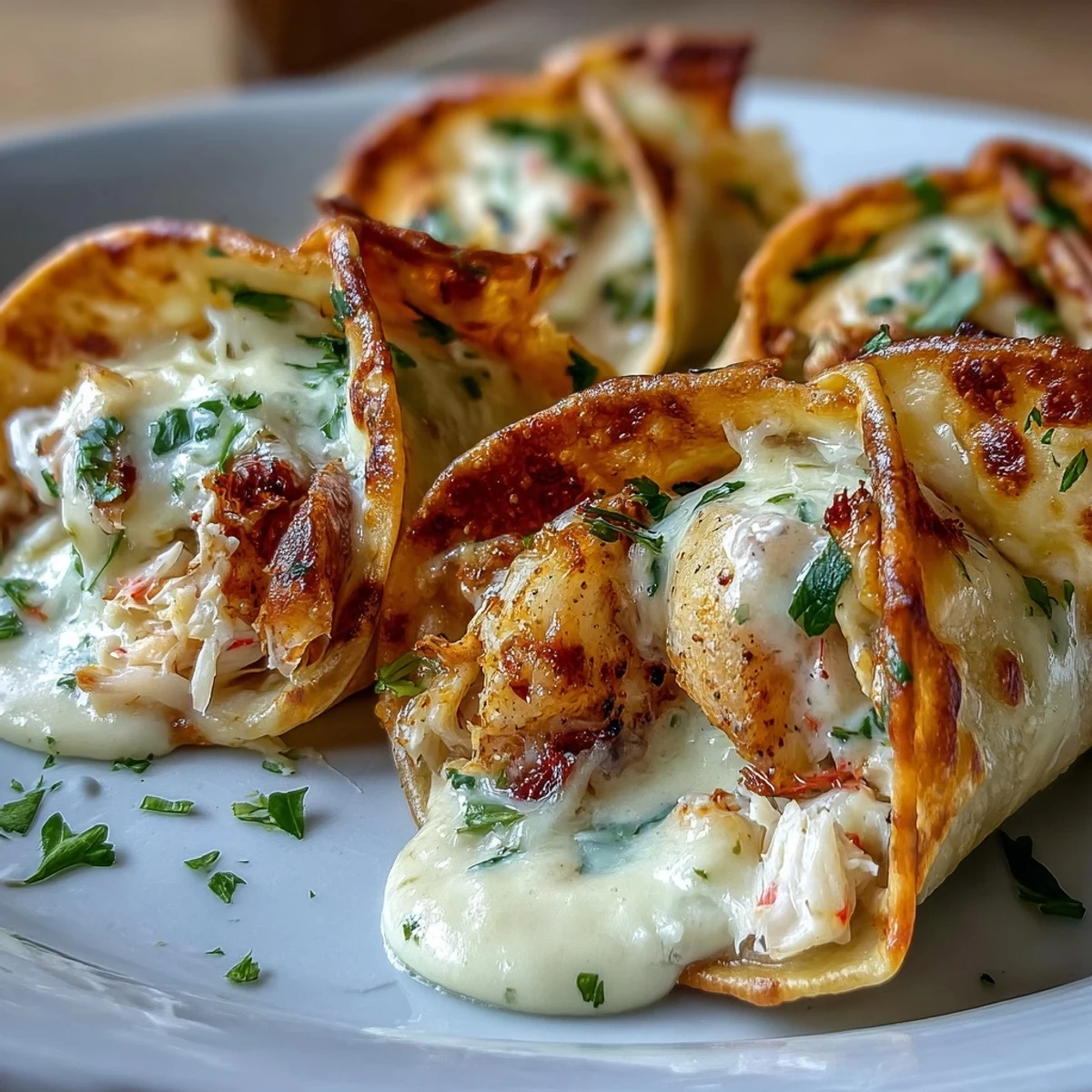 The stuffed tortilla rolls showcase a luscious filling of crab, shrimp, and three cheeses, served hot from the oven.