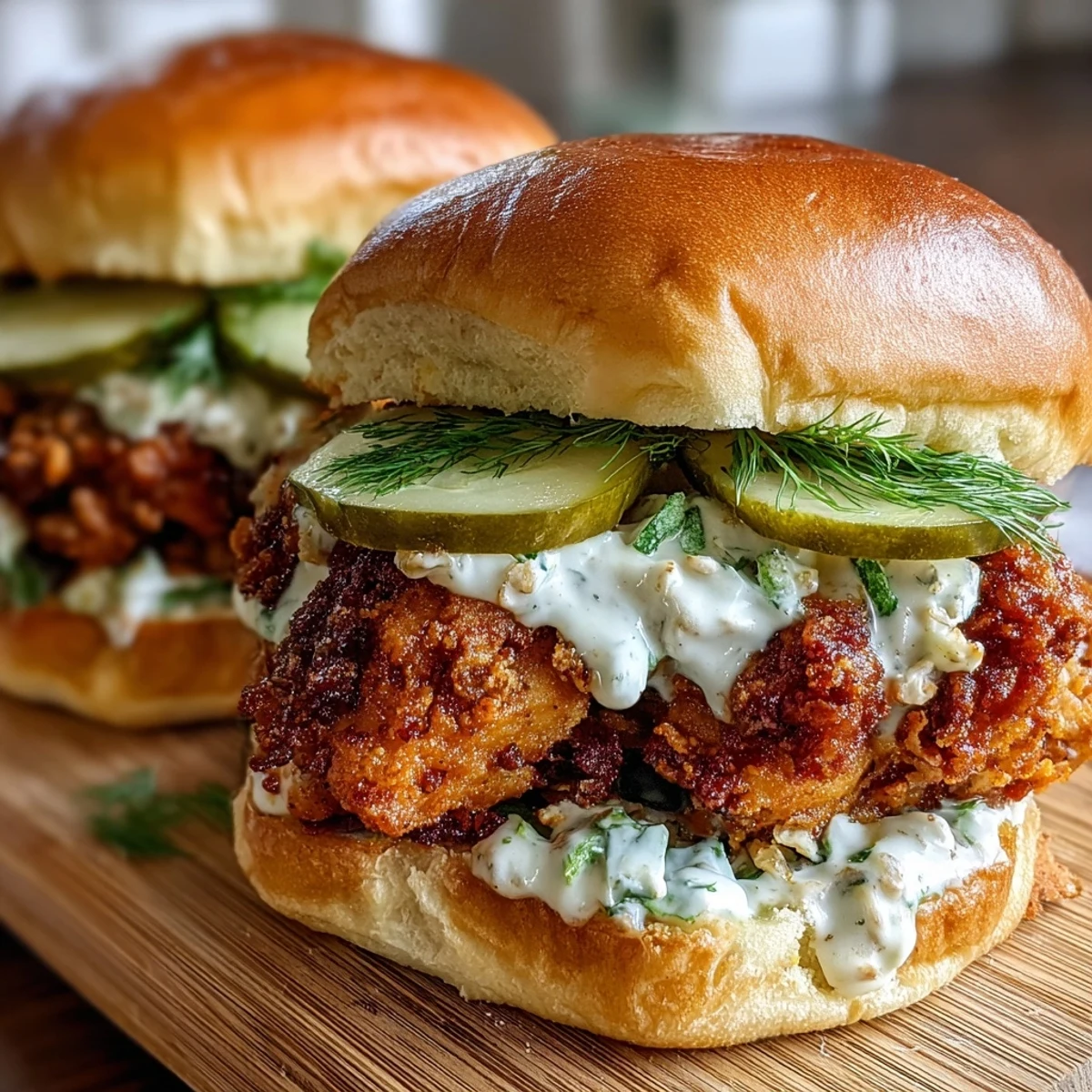 Golden-brown Nashville Hot Chicken Sliders sit on a plate with dill pickle aioli drizzling down the crispy chicken.