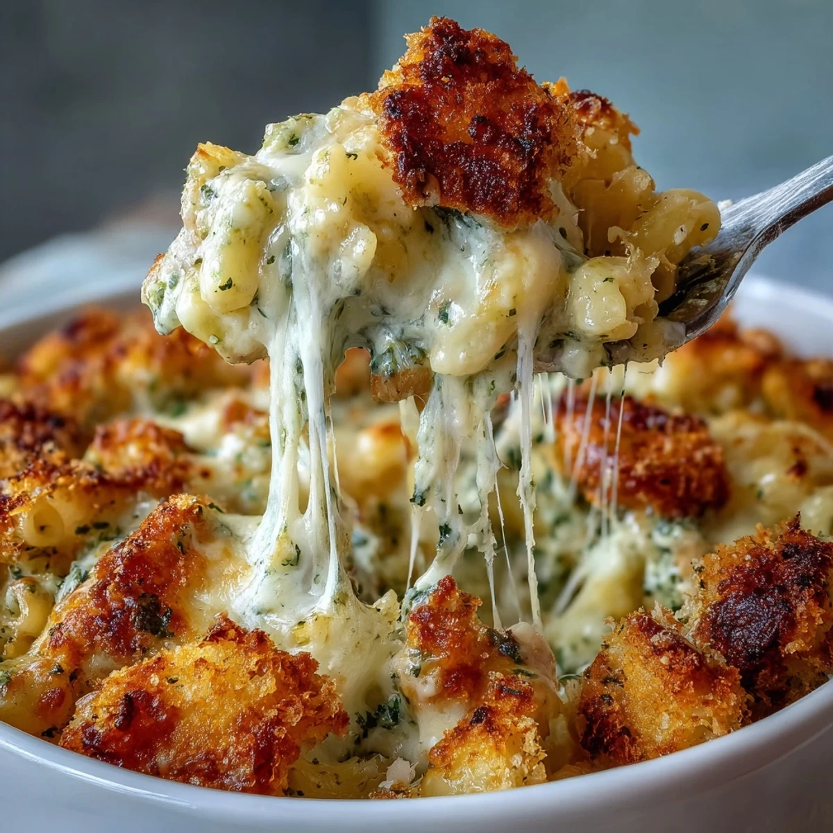 Spoon serving of creamy Baked Pesto Chicken Mac & Cheese revealing tender chunks of chicken and gooey mozzarella strands.