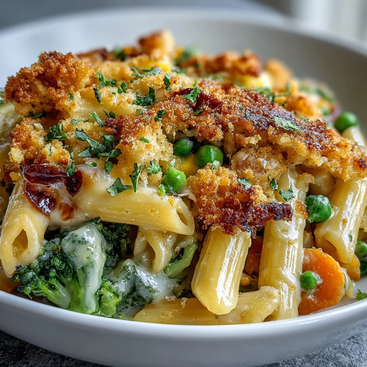 Creamy Veggie Pot Pie Pasta is served steaming hot in a skillet, topped with a golden, buttery biscuit crumb for a comforting meal.