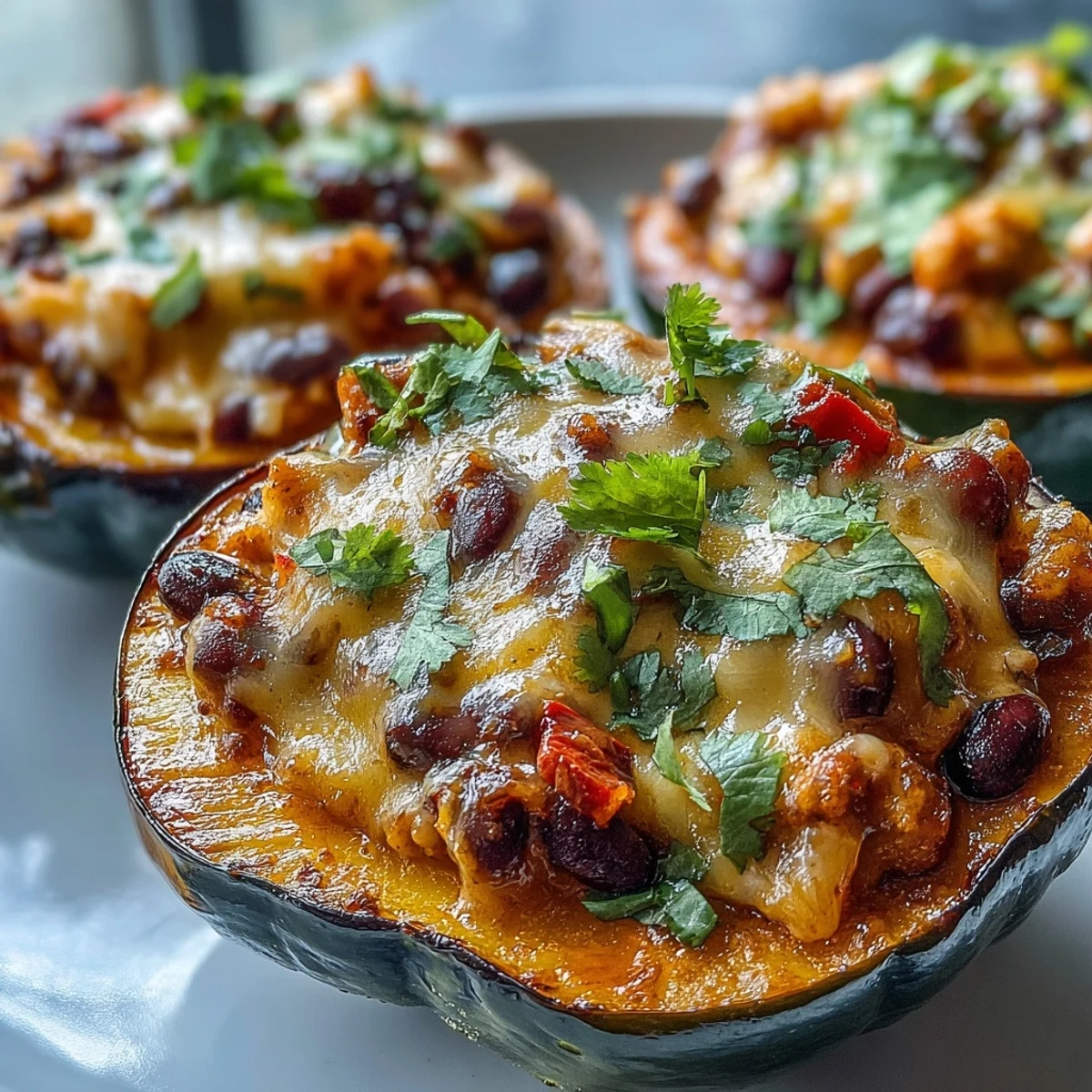 Golden, fork-tender acorn squash filled with hearty chili mac and beans, finished with a glistening drizzle of hot honey.