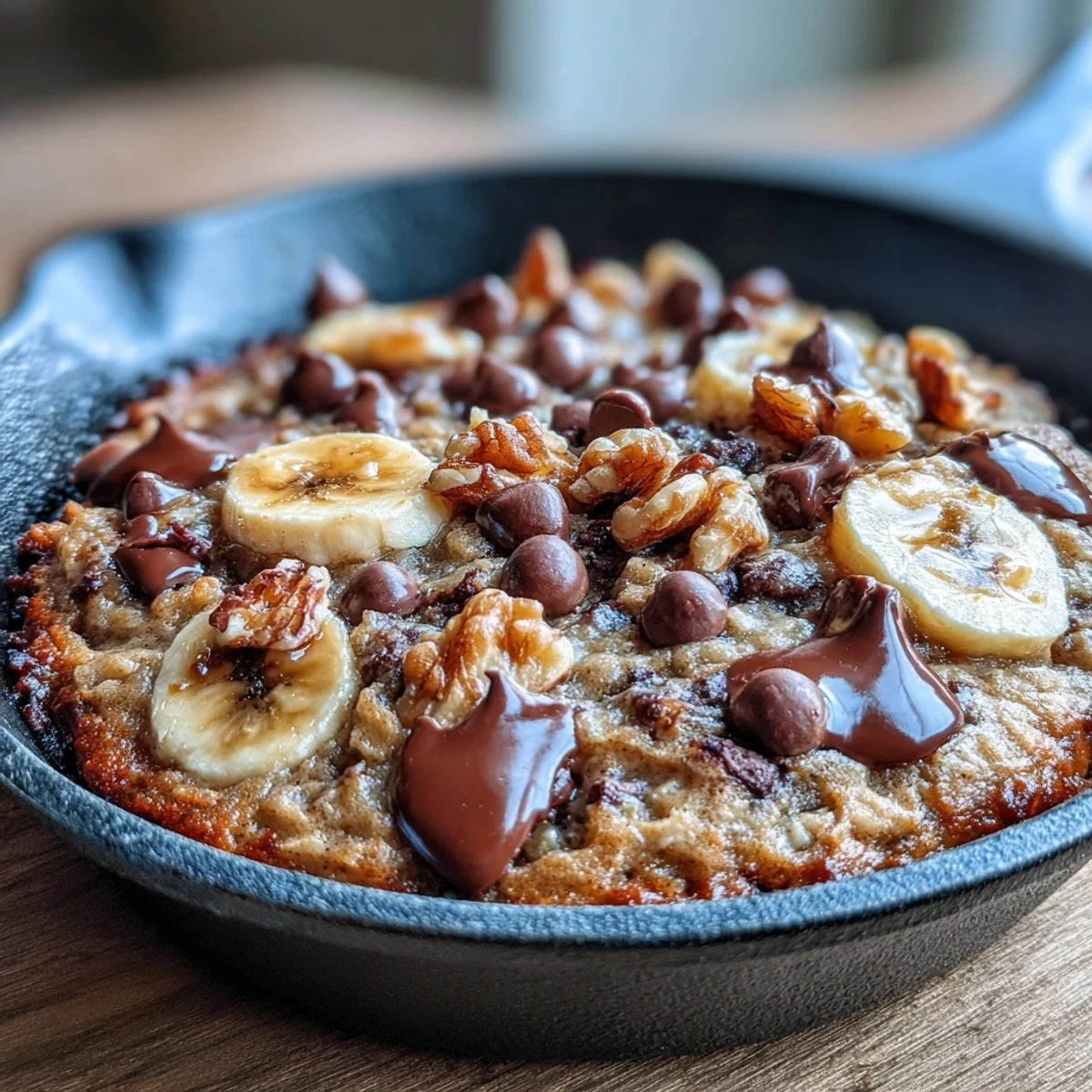 Warm, golden Chunky Monkey Oatmeal Cookie Skillet served in a cast-iron pan with melting chocolate chips.