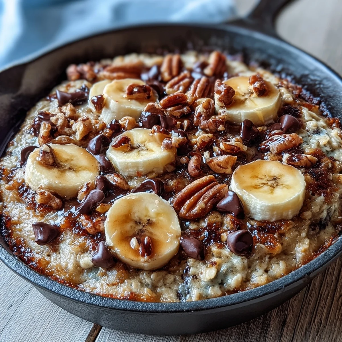 A slice of vanilla ice cream melts over a rich Chunky Monkey Oatmeal Cookie Skillet, ready to serve.