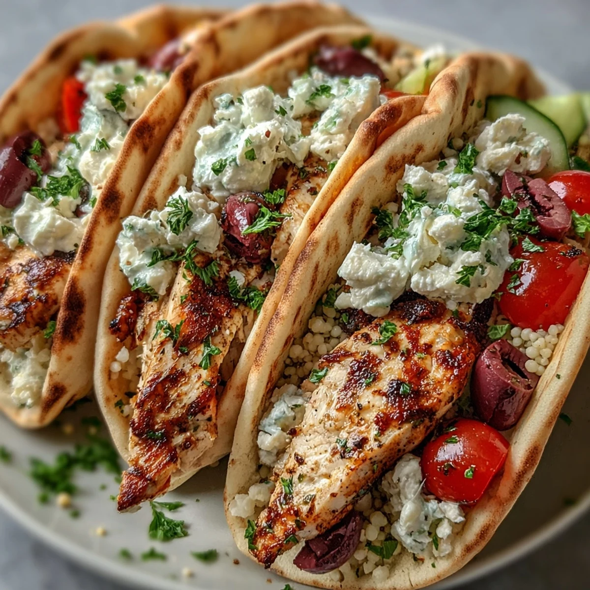 Warm Greek Chicken Feta Stuffed Pitas overflow with grilled chicken, feta, and creamy tzatziki on a wooden table.