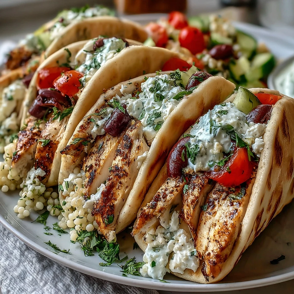 Juicy Greek Chicken Feta Stuffed Pitas stuffed with tender chicken, crumbled feta, and diced vegetables on a plate.