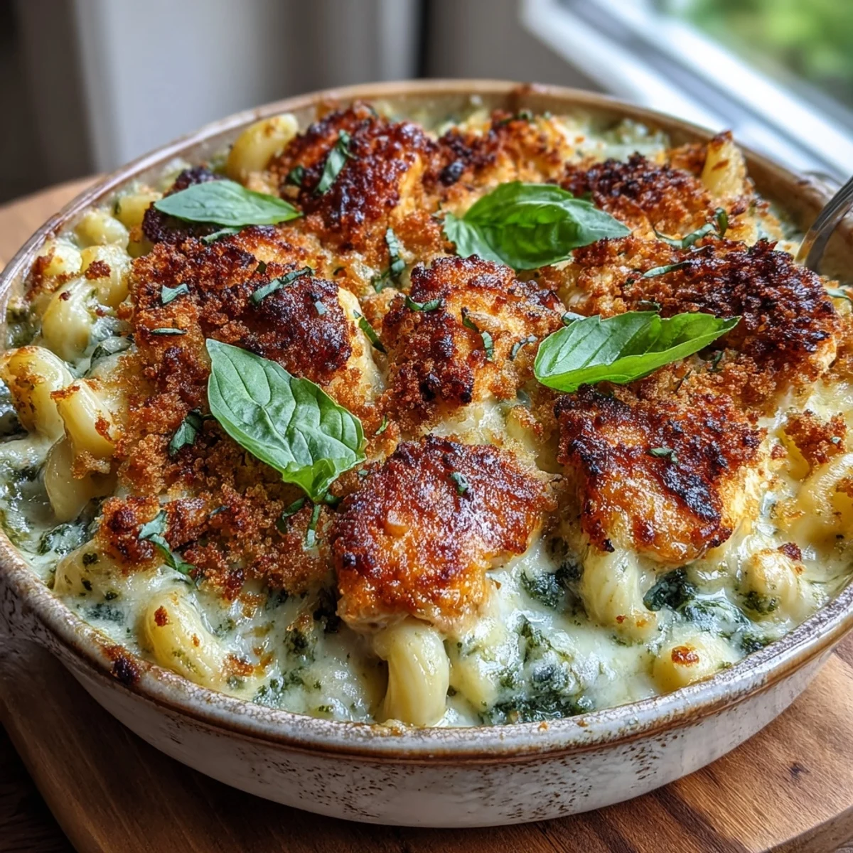 Spoonful of creamy Baked Pesto Chicken Mac & Cheese revealing tender chicken and vibrant green pesto swirls.