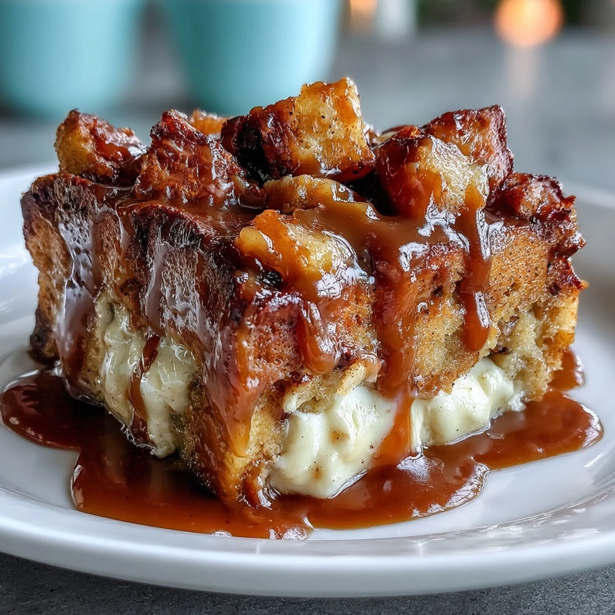 Golden slices of Caramel Apple Cheesecake Bread Pudding show a creamy, spiced custard and tender apple chunks.
