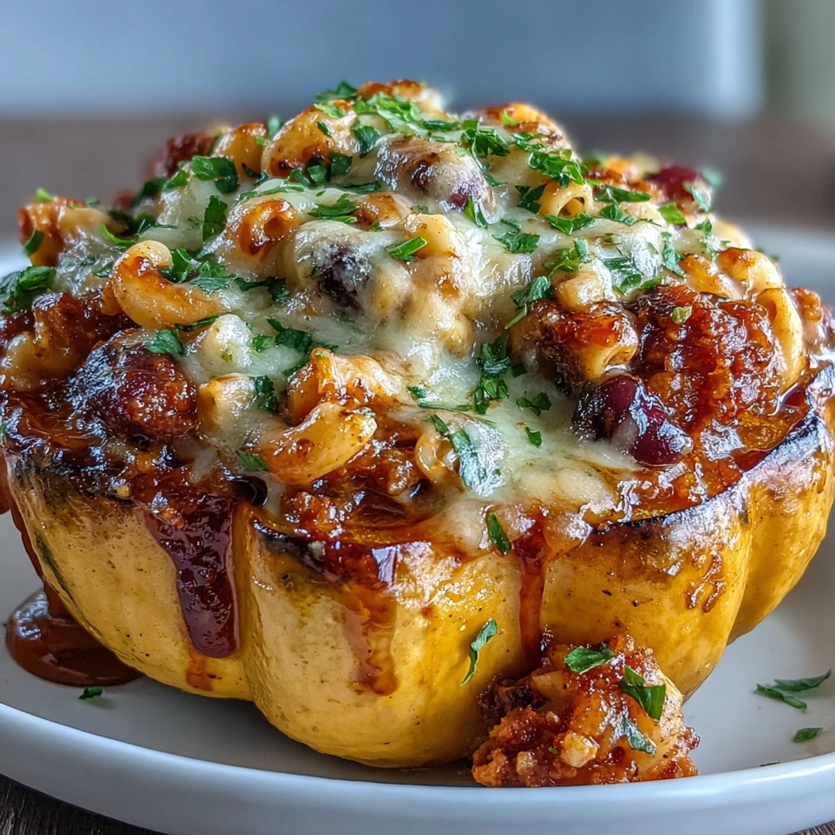 Golden roasted acorn squash halves are generously stuffed with cheesy chili mac and drizzled with spicy hot honey.