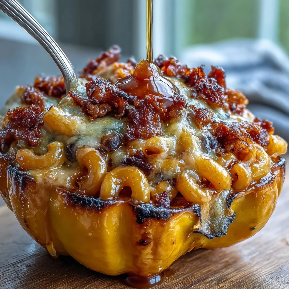 A close-up of Hot Honey Chili Mac Stuffed Squash reveals melted cheddar and fresh cilantro garnish.