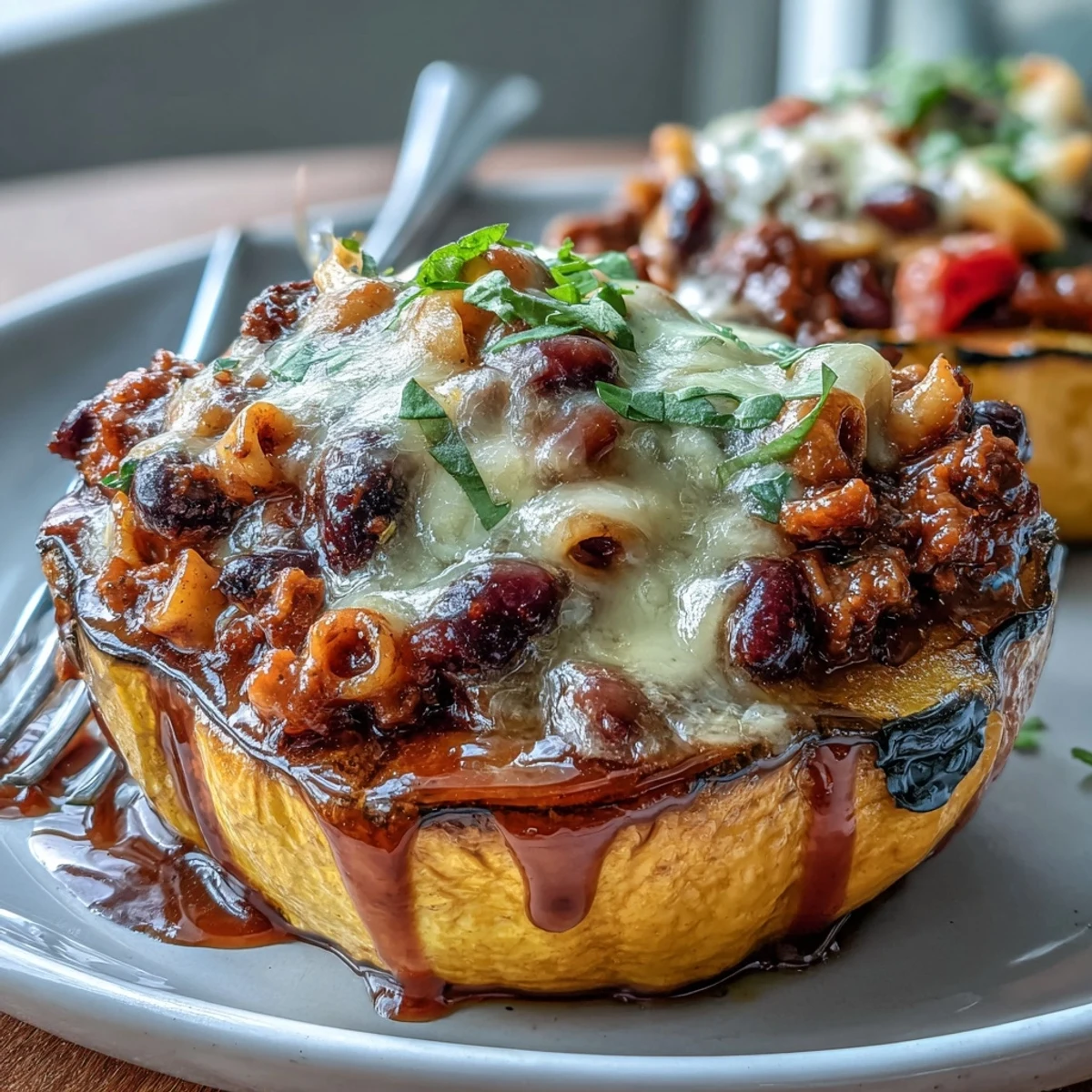 A cozy serving of Hot Honey Chili Mac Stuffed Squash paired with a crisp green salad.