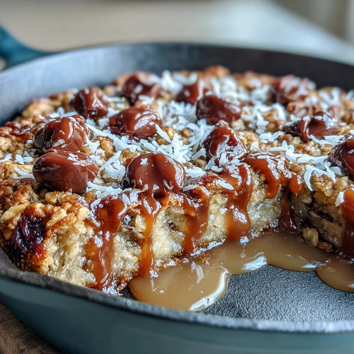 Golden-brown Chunky Monkey Oatmeal Cookie Skillet served warm from the oven with melting chocolate chips.
