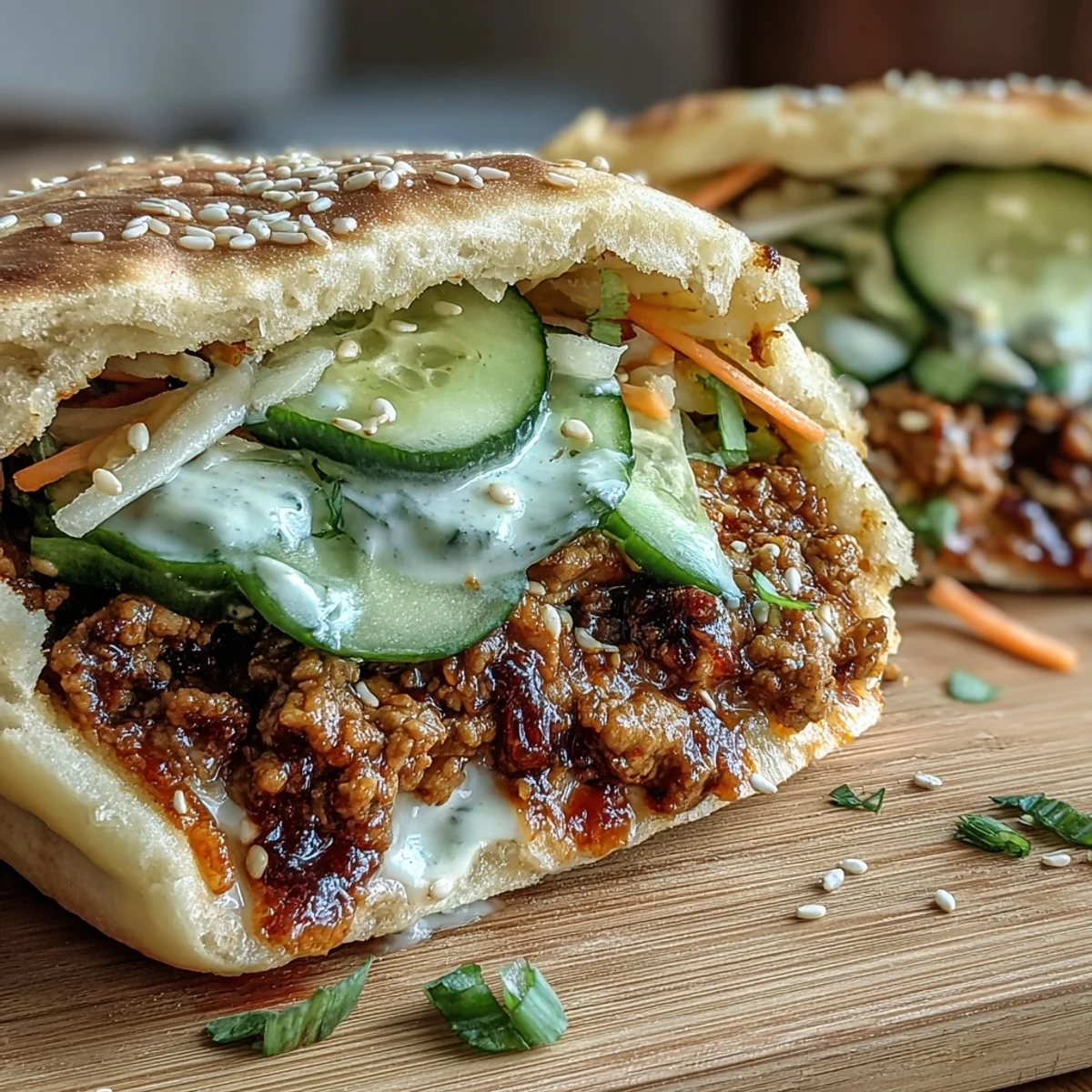 Warm, freshly assembled Korean Turkey Stuffed Naan Pockets topped with shredded carrots and green onions.