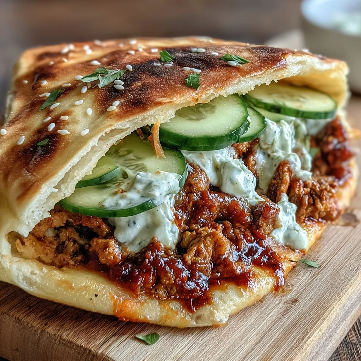 Handheld Korean Turkey Stuffed Naan Pockets filled with savory ground turkey, sesame seeds, and lime wedges.
