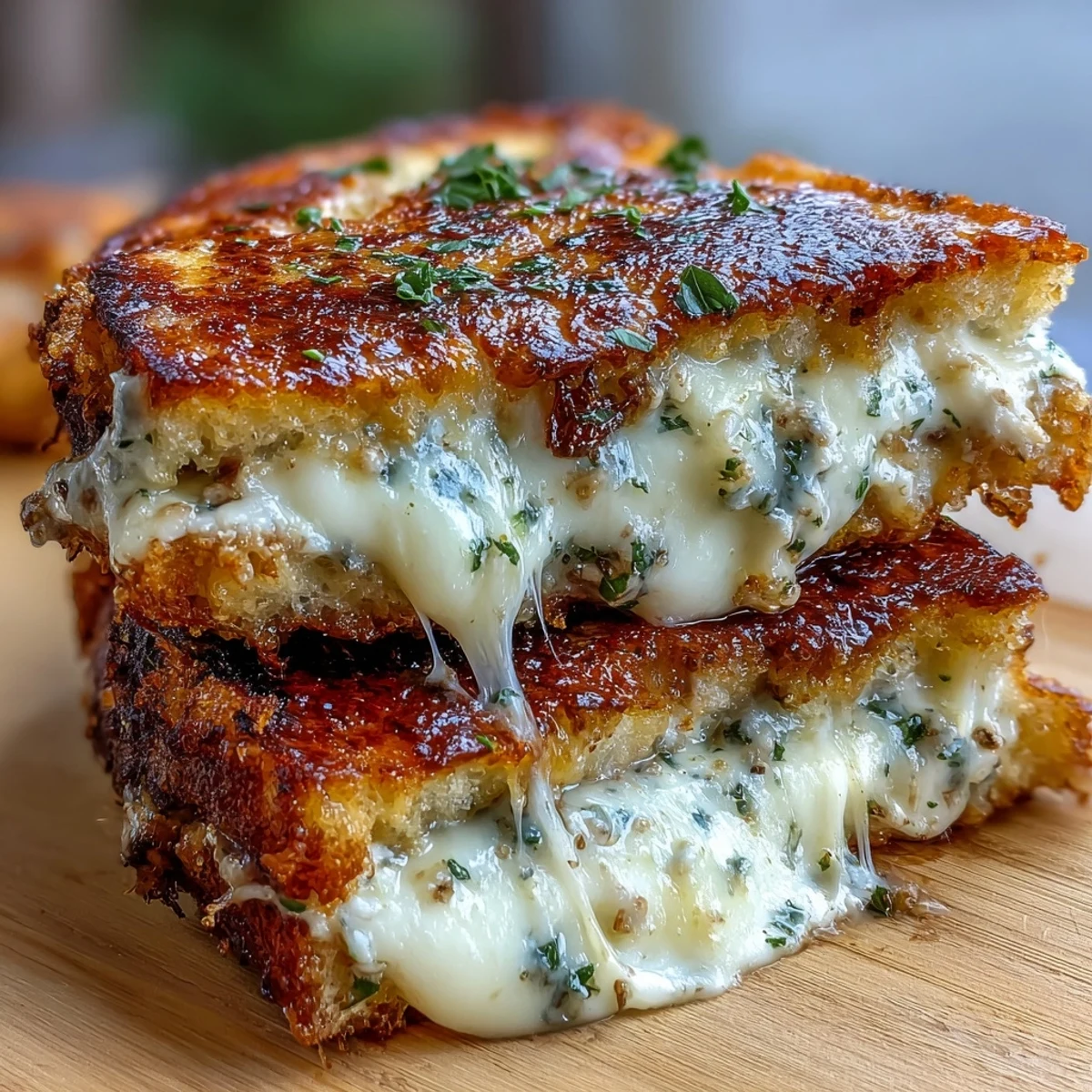 Golden-brown Brown Butter Garlic Naan Grilled Cheese slices oozing melted mozzarella on a plate.