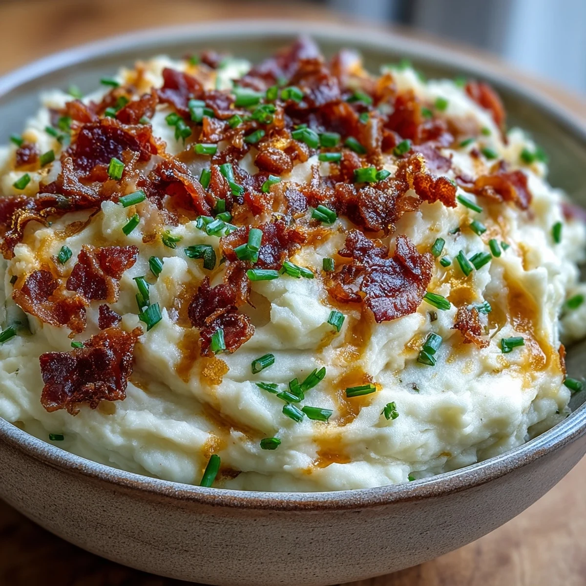 Steam rises from a spoonful of the Keto Bacon and Cheddar Cauliflower Mash, revealing a rich texture with melted cheddar and crunchy bacon bits.