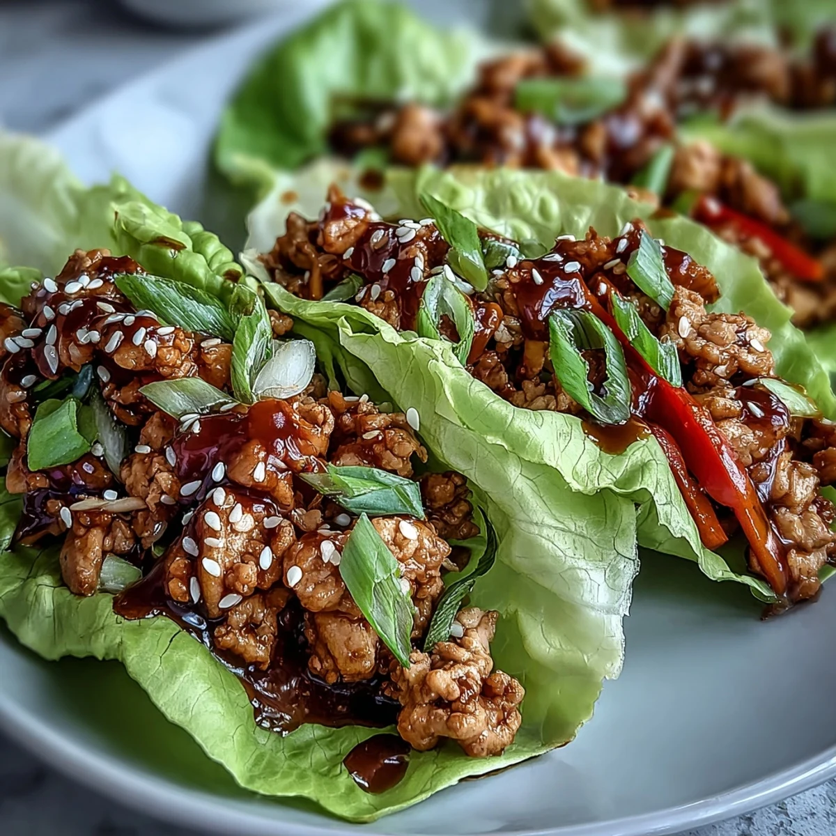 Tender ground chicken mixture for Skinny Asian Chicken Lettuce Wraps piled high in crisp butter lettuce cups.